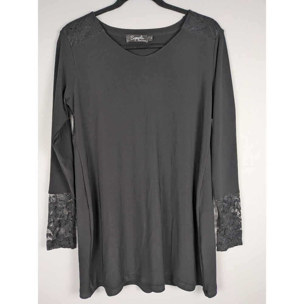 NWT Sympli Canada Tunic Top Size 8 Lace Accent Stretch Black Long Sleeve